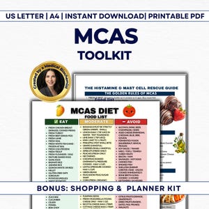 Op de afbeelding: De afdrukbare PDF, de MCAS Toolkit, bevat een voedingslijst met de categorieën eten, matig en vermijden. De gids bevat een winkel- en plannerkit. De afbeelding toont een vrouw in een gouden lijst.