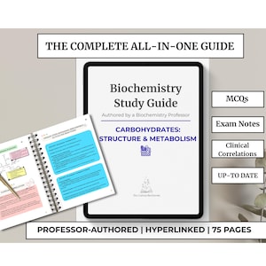 Może przedstawiać: Przewodnik do nauki biochemii zatytułowany "Biochemistry Study Guide" z podtytułem "Carbohydrates: Structure & Metabolism". Przewodnik jest napisany przez profesora, z hiperłączami i ma 75 stron. Zawiera pytania wielokrotnego wyboru, notatki z egzaminów i korelacje kliniczne.
