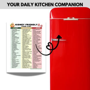 Op de afbeelding: Een rode koelkast met een "Kidney Friendly Food List"-tabel. De tabel categoriseert voedingsmiddelen in "Eat", "Moderate" en "Avoid" en biedt voedingsadvies. De tekst "Your Daily Kitchen Companion" staat bovenaan.