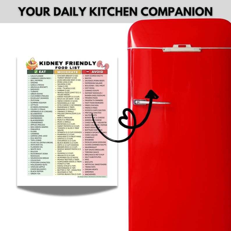 Op de afbeelding: Een rode koelkast met een "Kidney Friendly Food List"-tabel. De tabel categoriseert voedingsmiddelen in "Eat", "Moderate" en "Avoid" en biedt voedingsadvies. De tekst "Your Daily Kitchen Companion" staat bovenaan.