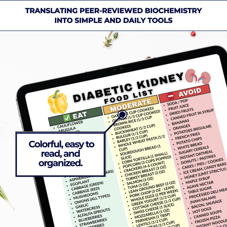 May include: A digital tablet displays a "Diabetic Kidney Food List" with "Eat," "Moderate," and "Avoid" sections. The list includes food categories and a text box that says "Colorful, easy to read, and organized."