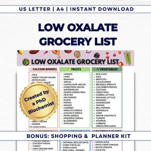 Peut inclure: Une liste de courses à faible teneur en oxalates, imprimable, avec des sections pour les liants calciques, les fruits et les légumes. Comprend du lait, des pommes et des courgettes. Un kit de planification et de shopping bonus est également inclus.