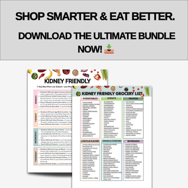 Op de afbeelding: Een digitale downloadbundel met een 7-daags nier-vriendelijk maaltijdplan en een boodschappenlijst. De documenten hebben een witte achtergrond met zwarte tekst en kleurrijke illustraties van fruit en groenten. De bovenste tekst luidt "Shop Smarter & Eat Better."