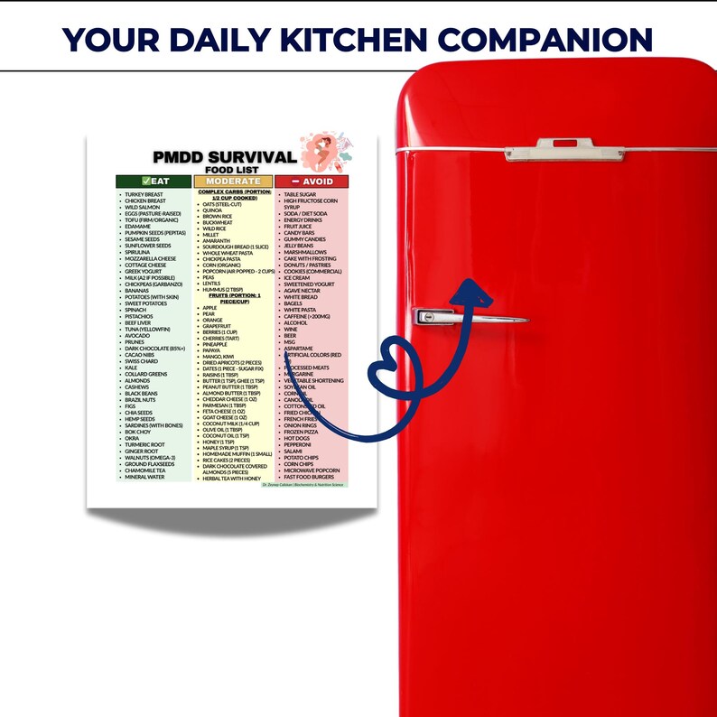 K&ouml;nnte beinhalten: Ein roter K&uuml;hlschrank im Retro-Stil mit silbernem Griff und einer Lebensmittelliste mit dem Titel "PMDD Survival". Die Liste kategorisiert Lebensmittel in die Abschnitte "Essen", "Moderat" und "Vermeiden", mit dem Text "Your Daily Kitchen Companion" oben.