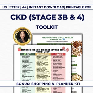CKD Stage 3b 4 Food List PDF – Kidney Disease Diet Guide, Low Potassium Low Phosphorus, Renal Nutrition Printable, GFR Management