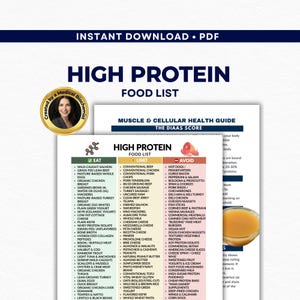 May include: A high-protein food list in a PDF format, with sections for foods to eat, limit, and avoid. The document includes a list of foods such as wild-caught salmon, organic chicken breast, and various types of cheese. The document is created by a medical biochemist.