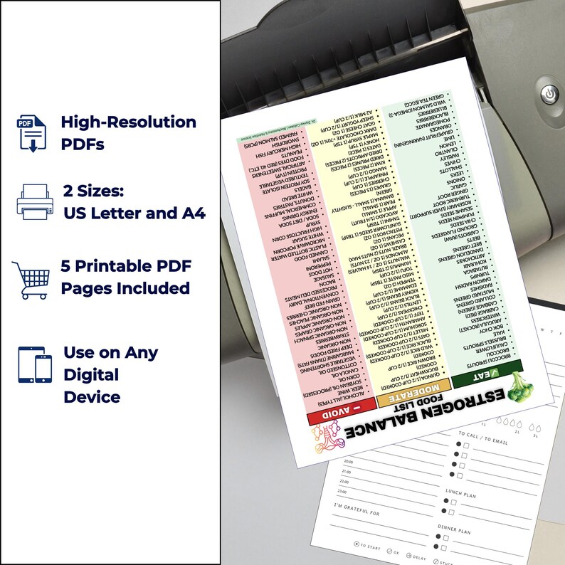 May include: A printer with several pages of printed documents. The documents include a food list with categories like "Avoid" and "Moderate," and a section titled "Estrogen Balance." Additional pages include a daily planner.
