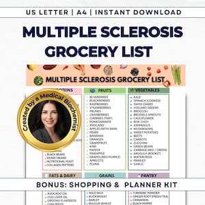 Puede incluir: Lista de compras para la esclerosis múltiple, con frutas, verduras, cereales, grasas, lácteos y artículos de despensa. Incluye un kit de compras y planificación. Creado por un bioquímico médico.