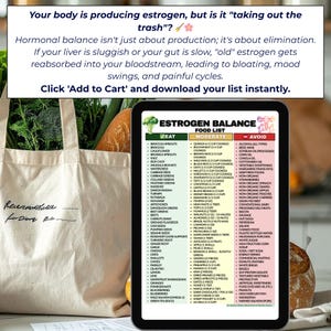 May include: A digital tablet displays an "Estrogen Balance Food List" with categories: Eat, Moderate, and Avoid. The list includes various foods, with text above stating the importance of hormonal balance and a call to action to download the list.