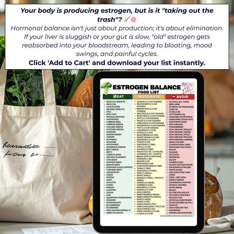 May include: A digital tablet displays an "Estrogen Balance Food List" with categories: Eat, Moderate, and Avoid. The list includes various foods, with text above stating the importance of hormonal balance and a call to action to download the list.