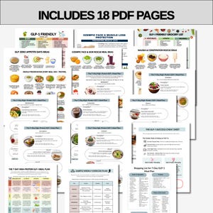 Op de afbeelding: Een verzameling van 18 PDF-pagina's met maaltijdplannen, boodschappenlijstjes en trainingsgidsen. De pagina's bevatten titels als "GLP-1 Friendly Food List", "Ozempic Face & Muscle Loss Protection" en "Boodschappenlijst voor 7-daags GLP-1 maaltijdplan."