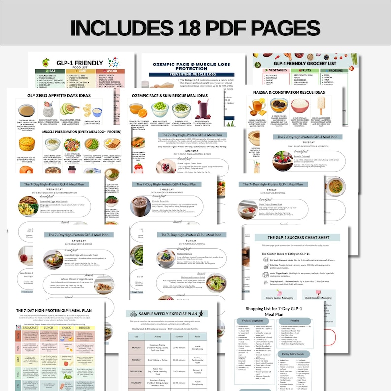 Op de afbeelding: Een verzameling van 18 PDF-pagina's met maaltijdplannen, boodschappenlijstjes en trainingsgidsen. De pagina's bevatten titels als "GLP-1 Friendly Food List", "Ozempic Face & Muscle Loss Protection" en "Boodschappenlijst voor 7-daags GLP-1 maaltijdplan."