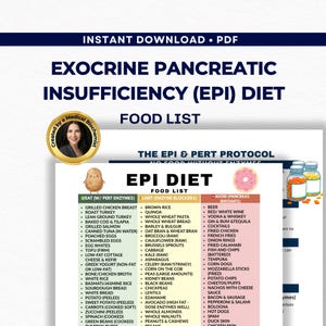 Könnte beinhalten: Ein herunterladbares PDF mit dem Titel "Exokrine Pankreasinsuffizienz (EPI) Diät-Lebensmittelliste". Das Dokument ist ein Ernährungsratgeber, der von einem medizinischen Biochemiker erstellt wurde und Lebensmittel auflistet, die bei EPI gegessen, eingeschränkt und vermieden werden sollten.