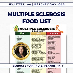 May include: A Multiple Sclerosis Food List, with sections for foods to eat, limit, and avoid. Includes a shopping and planner kit. The document is designed by a medical biochemist and is available for instant download.