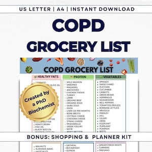 Puede incluir: Una lista de compras para la EPOC imprimible, con secciones para grasas saludables, proteínas y verduras. La lista incluye elementos como aguacate, salmón salvaje, espinacas y calabacín. El documento está etiquetado como "US LETTER | A4 | INSTANT DOWNLOAD".