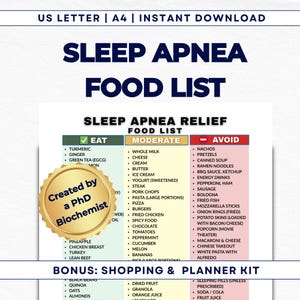 Könnte beinhalten: Eine druckbare Ernährungsliste zur Linderung von Schlafapnoe, unterteilt in die Abschnitte "Essen", "Mäßig" und "Vermeiden". Die Liste enthält Lebensmittel wie Kurkuma, Käse und Pizza. Das Dokument enthält auch ein Bonus-Shopping- und Planer-Kit.