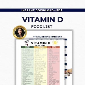 Könnte beinhalten: Eine Vitamin-D-Lebensmittelliste, sofort als PDF zum Download verfügbar. Die Liste kategorisiert Lebensmittel nach hohem, mittlerem oder niedrigem Vitamin-D-Gehalt. Enthält ein Foto einer Frau und den Text "The Sunshine Nutrient".