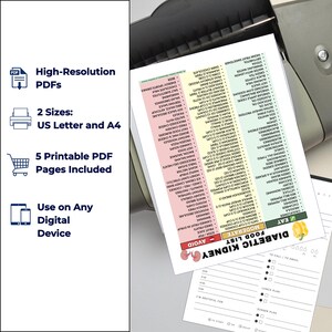 May include: A printed PDF document with a food list for a diabetic kidney diet, including sections for foods to eat, moderate foods, and foods to avoid. The document is in a printer.