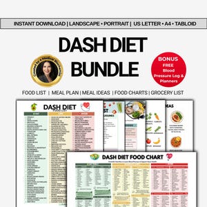 DASH-dieetlijstbundel afdrukbaar, hoge bloeddruk dieet, natriumarm voedsel, hart gezond maaltijdplan, hypertensie, eetlimiet vermijden pdf