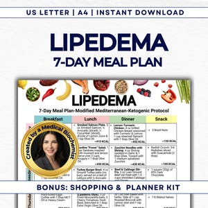 Puede incluir: Un plan de comidas imprimible de 7 días para una dieta Lipedema. El plan incluye opciones de desayuno, almuerzo, cena y merienda con recuentos de calorías. El documento está etiquetado como "US LETTER | A4 | DESCARGA INSTANTÁNEA".