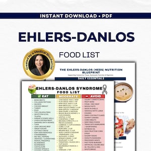 Könnte beinhalten: Ein herunterladbares PDF mit dem Titel "Ehlers-Danlos Food List" mit dem Porträt eines medizinischen Fachmanns. Das Dokument kategorisiert Lebensmittel in die Abschnitte "Essen", "Mäßig" und "Vermeiden" und bietet Ernährungsempfehlungen für Menschen mit Ehlers-Danlos-Syndrom.