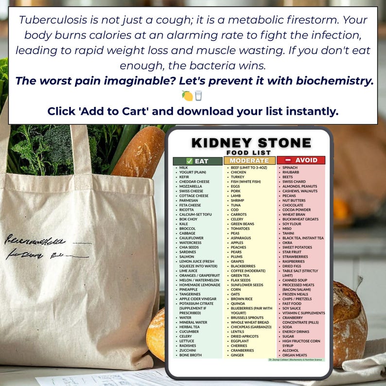 May include: A tote bag filled with groceries, including a loaf of bread and vegetables, next to a list titled "Kidney Stone Food List." The list categorizes foods as "Eat," "Moderate," and "Avoid," with text about preventing kidney stones.