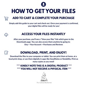 May include: White background with navy blue text that reads "HOW TO GET YOUR FILES." Instructions include adding to cart, accessing files instantly, and downloading. The text also states that this is a digital product.