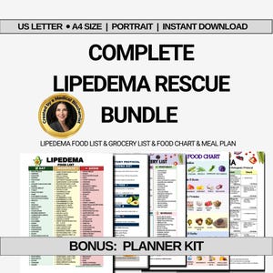 Op de afbeelding: Een digitale downloadbundel getiteld "COMPLETE LIPEDEMA RESCUE" met voedsel lijsten, boodschappenlijsten, voedsel grafieken en maaltijdplannen. De afbeelding bevat een portret lay-out met de tekst "US LETTER • A4 SIZE | PORTRAIT | INSTANT DOWNLOAD".