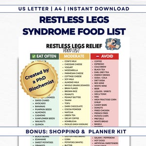 May include: A4 printable food list for restless legs syndrome, categorising foods to eat often, moderately, and avoid. Includes a bonus shopping and planner kit. Created by a PhD Biochemist.