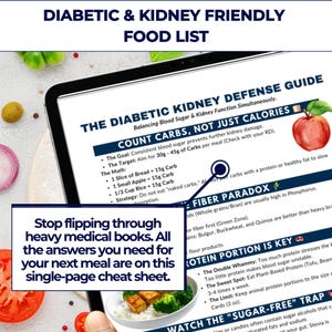 May include: A digital tablet displays a 'Diabetic & Kidney Friendly Food List' with dietary guidelines. The screen shows text about counting carbs, fiber, and protein portions. A smaller box reads: 'Stop flipping through heavy medical books. All the answers you need for your next meal are on this single-page cheat sheet.'