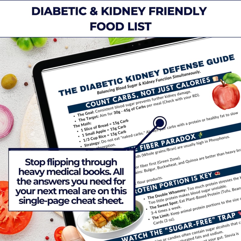 May include: A digital tablet displays a 'Diabetic & Kidney Friendly Food List' with dietary guidelines. The screen shows text about counting carbs, fiber, and protein portions. A smaller box reads: 'Stop flipping through heavy medical books. All the answers you need for your next meal are on this single-page cheat sheet.'