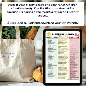 May include: An image shows a canvas tote bag filled with fresh produce next to a digital tablet displaying a "Diabetic Kidney Food List." The list categorizes foods to eat, moderate, and avoid for kidney health.