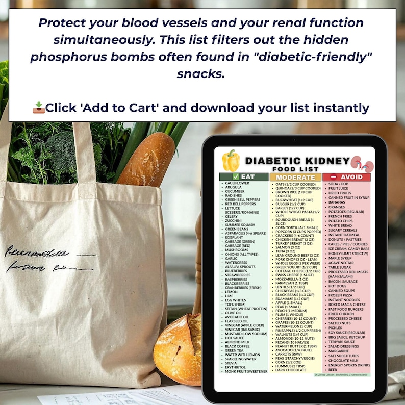 May include: An image shows a canvas tote bag filled with fresh produce next to a digital tablet displaying a "Diabetic Kidney Food List." The list categorizes foods to eat, moderate, and avoid for kidney health.