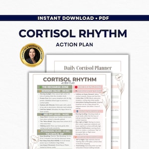 May include: A downloadable PDF document titled "Cortisol Rhythm Action Plan" with a daily planner. The document includes sections on recharge zones, drain zones, stimulants, digital stressors, and physical stressors. The design features a floral accent.