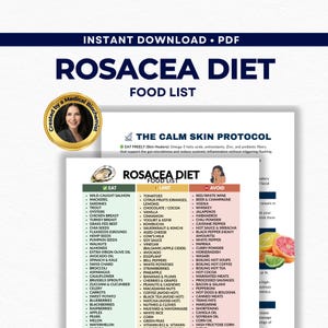 Puede incluir: Una lista de alimentos para la dieta de la rosácea en formato PDF, que detalla los alimentos que se deben comer, limitar y evitar. El documento incluye una sección sobre el Protocolo de Piel Calma y está creado por un bioquímico médico.
