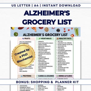 Op de afbeelding: Een kleurrijke boodschappenlijst voor mensen met Alzheimer, met fruit, groenten, gezonde vetten, eiwitten, koolhydraten en kruiden. De lijst is onderverdeeld in categorieën met een gouden zegel met de tekst "Created by a PhD Biochemist".