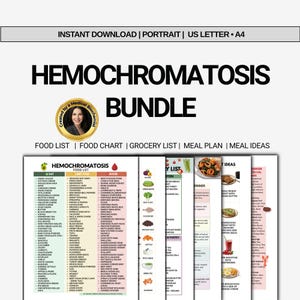 Op de afbeelding: Een digitale downloadbundel voor Hemochromatose, inclusief een voedingslijst, voedselgrafiek, boodschappenlijst, maaltijdplan en maaltijdideeën. De afbeelding heeft een witte achtergrond met zwarte tekst en kleurrijke voedselillustraties.