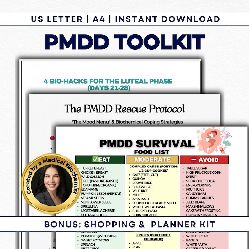 K&ouml;nnte beinhalten: Digitaler Download "PMDD TOOLKIT" mit einer Lebensmittelliste, einem Einkaufs- und Planer-Kit. Das Dokument listet Lebensmittel auf, die man essen, m&auml;&szlig;igen und vermeiden sollte. Der Titel ist fett und dunkelblau.
