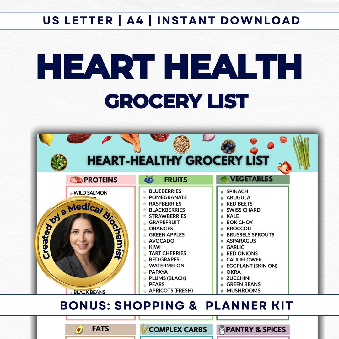 Heart Healthy Grocery List PDF – Low Cholesterol & DASH Diet Guide ...
