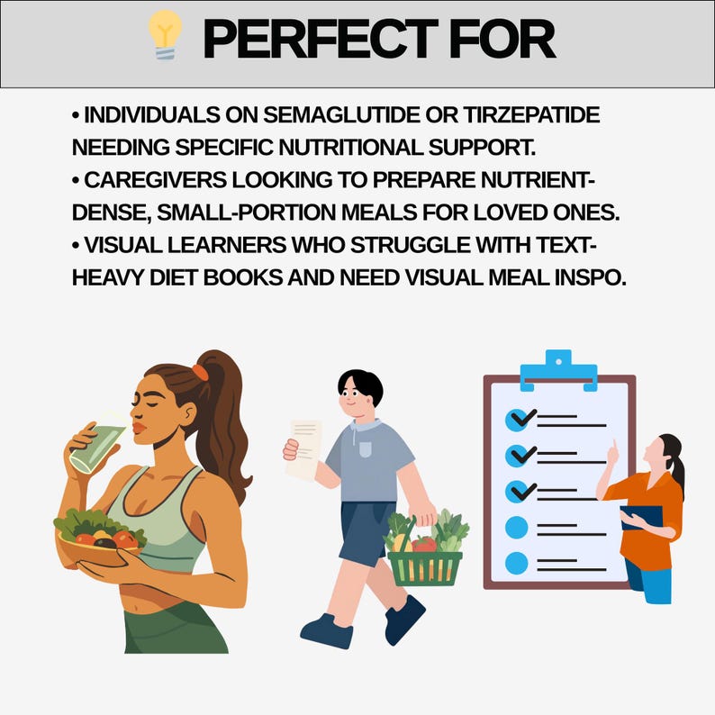 Op de afbeelding: Illustratie met de tekst "PERFECT FOR" en opsommingstekens. De afbeelding toont een vrouw die een groene drank drinkt en een kom met groenten vasthoudt, een persoon die een mand met producten draagt en een persoon die naar een checklist wijst.