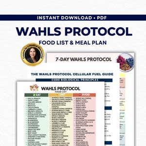 May include: A downloadable PDF titled "Wahls Protocol Food List & Meal Plan" with a food list categorized as "Eat," "Limit," and "Avoid." The guide includes a 7-day meal plan and core biological principles.