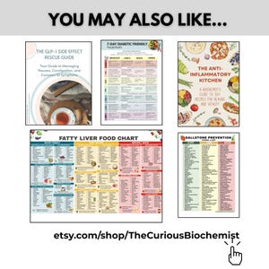 Op de afbeelding: Een verzameling educatieve gidsen en kaarten. Titels zijn onder meer "The GLP-1 Side Effect Rescue Guide", "7-Day Diabetic Friendly Meal Plans", "The Anti-Inflammatory Kitchen", "Fatty Liver Food Chart" en "Gallstone Prevention Food List". De Etsy shop URL is zichtbaar.