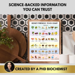 Op de afbeelding: Een ingelijste "Kidney Friendly Food Chart" met illustraties van verschillende voedingsmiddelen, waaronder groenten, fruit, eiwitten, vetten, granen en dranken. De tekst bovenaan luidt "Science-Backed Information You Can Trust". Onderaan staat "Created by a PhD Biochemist".