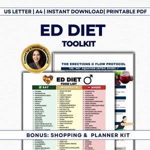 May include: A printable PDF titled "ED DIET TOOLKIT" with a food list categorized as "Eat", "Moderate", and "Avoid". The document includes a photo of a woman and a section on the "Erections & Flow Protocol".