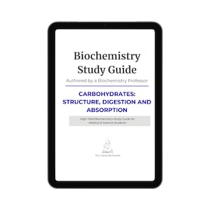 May include: A digital tablet displays a biochemistry study guide. The title reads "Biochemistry Study Guide" with the subtitle "Carbohydrates: Structure, Digestion and Absorption." The guide is authored by a biochemistry professor and is for medical and science students.