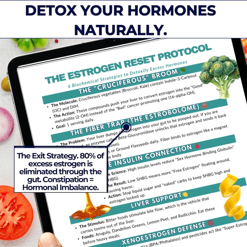 May include: A tablet displays information about detoxifying hormones naturally. The screen shows text about the Estrogen Reset Protocol, including strategies like the "Cruciferous Broom" and "Fiber Trap." A graphic highlights the exit strategy for excess estrogen.