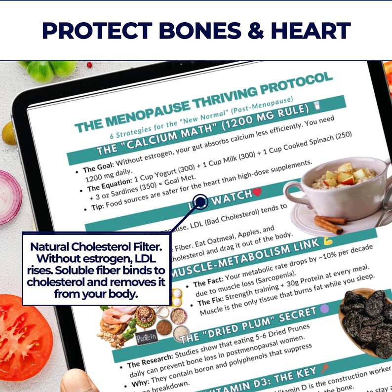 May include: A digital tablet displays text about the menopause thriving protocol, including calcium intake, diet, and exercise tips. The text includes information on cholesterol, muscle metabolism, and the benefits of dried plums. A cup of oatmeal and a tomato are also visible.