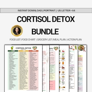 May include: A digital download bundle for a Cortisol Detox program. The bundle includes a food list, food chart, grocery list, meal plan, and action plan. The design features a clean layout with green and white text on a white background.