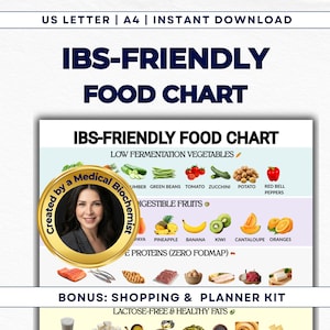 May include: A digital IBS-Friendly Food Chart with the text "IBS-FRIENDLY FOOD CHART" in large blue letters. The chart lists low fermentation vegetables, digestible fruits, and proteins. Includes a bonus shopping and planner kit. The chart is a US Letter and A4 instant download.