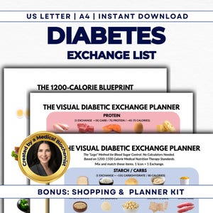 以下が含まれることがあります： 「糖尿病交換リスト」というタイトルのデジタルダウンロード。テキストは「US Letter | A4 | インスタントダウンロード」です。画像には、「1200カロリーブループリント」と、タンパク質とデンプン/炭水化物の例を含む「ビジュアル糖尿病交換プランナー」が含まれています。